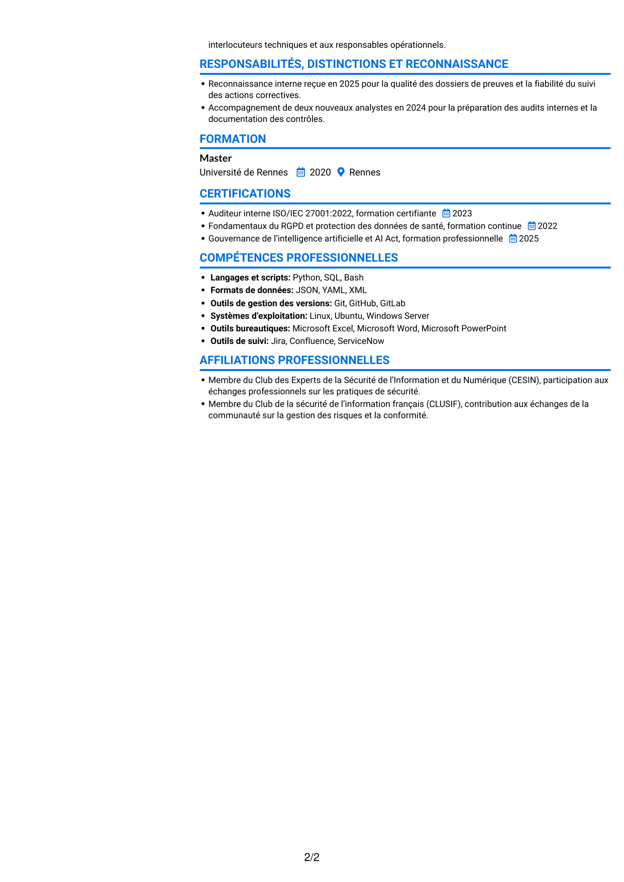CV Audacieux (format à deux colonnes avec accents colorés et photo) : Ingénieur sécurité junior - GRC, page 2