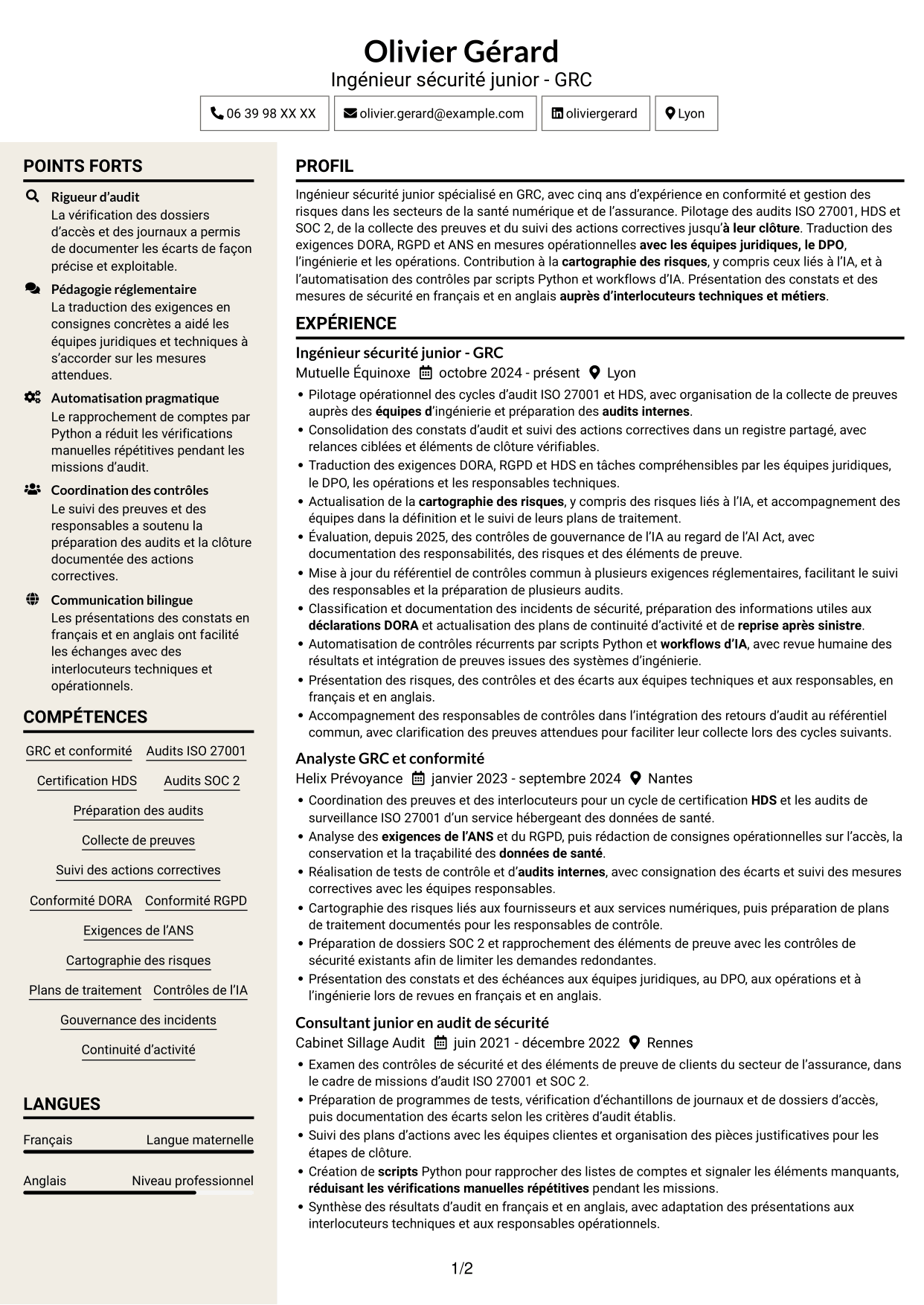 CV Fonceur (format à deux colonnes avec en-tête centré sans photo) : Ingénieur sécurité junior - GRC, page 1