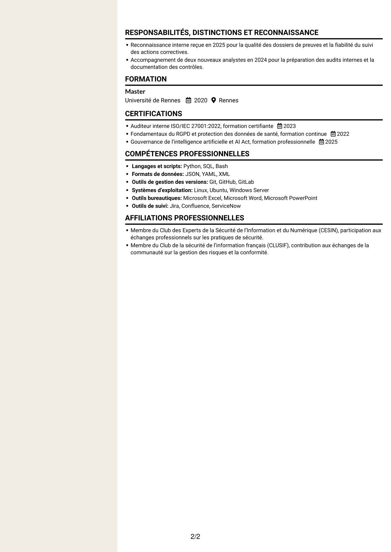 CV Fonceur (format à deux colonnes avec en-tête centré sans photo) : Ingénieur sécurité junior - GRC, page 2