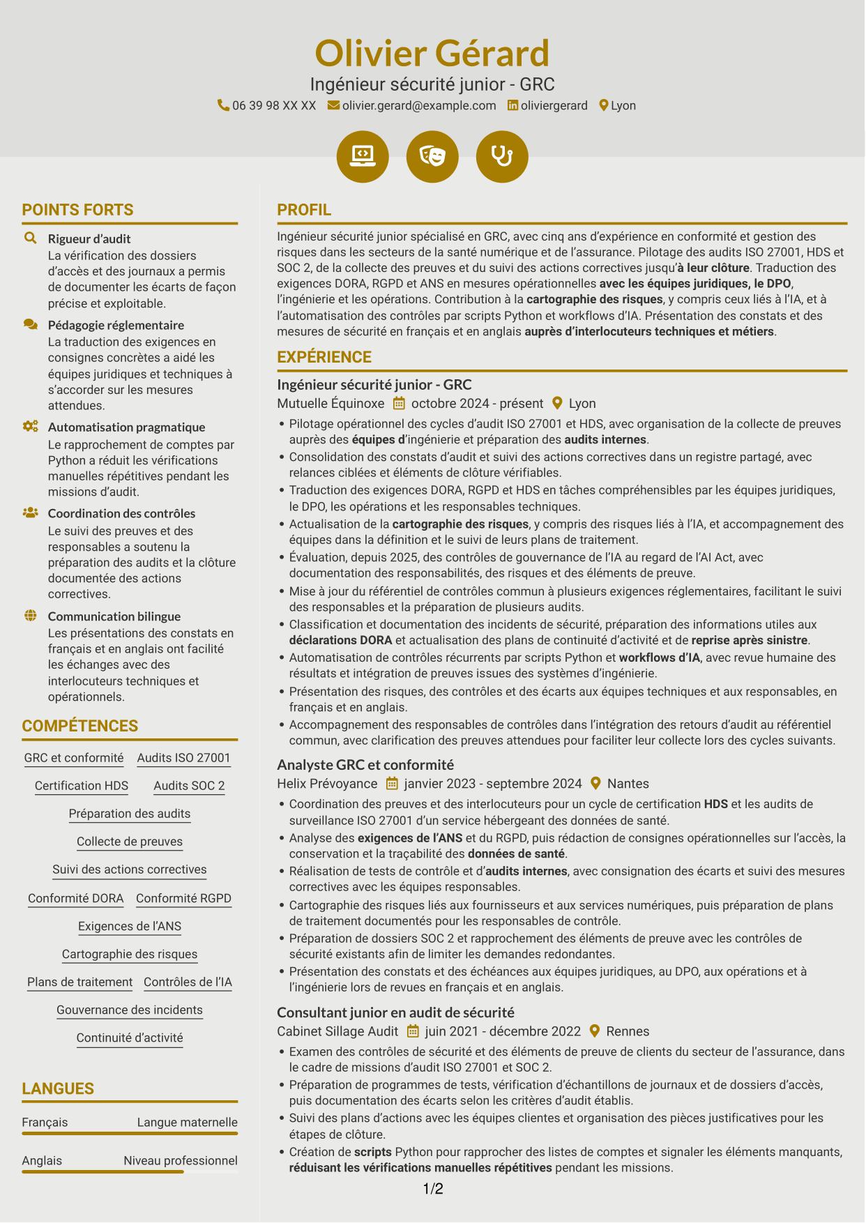 CV Dynamique (format à deux colonnes avec icônes) : Ingénieur sécurité junior - GRC, page 1
