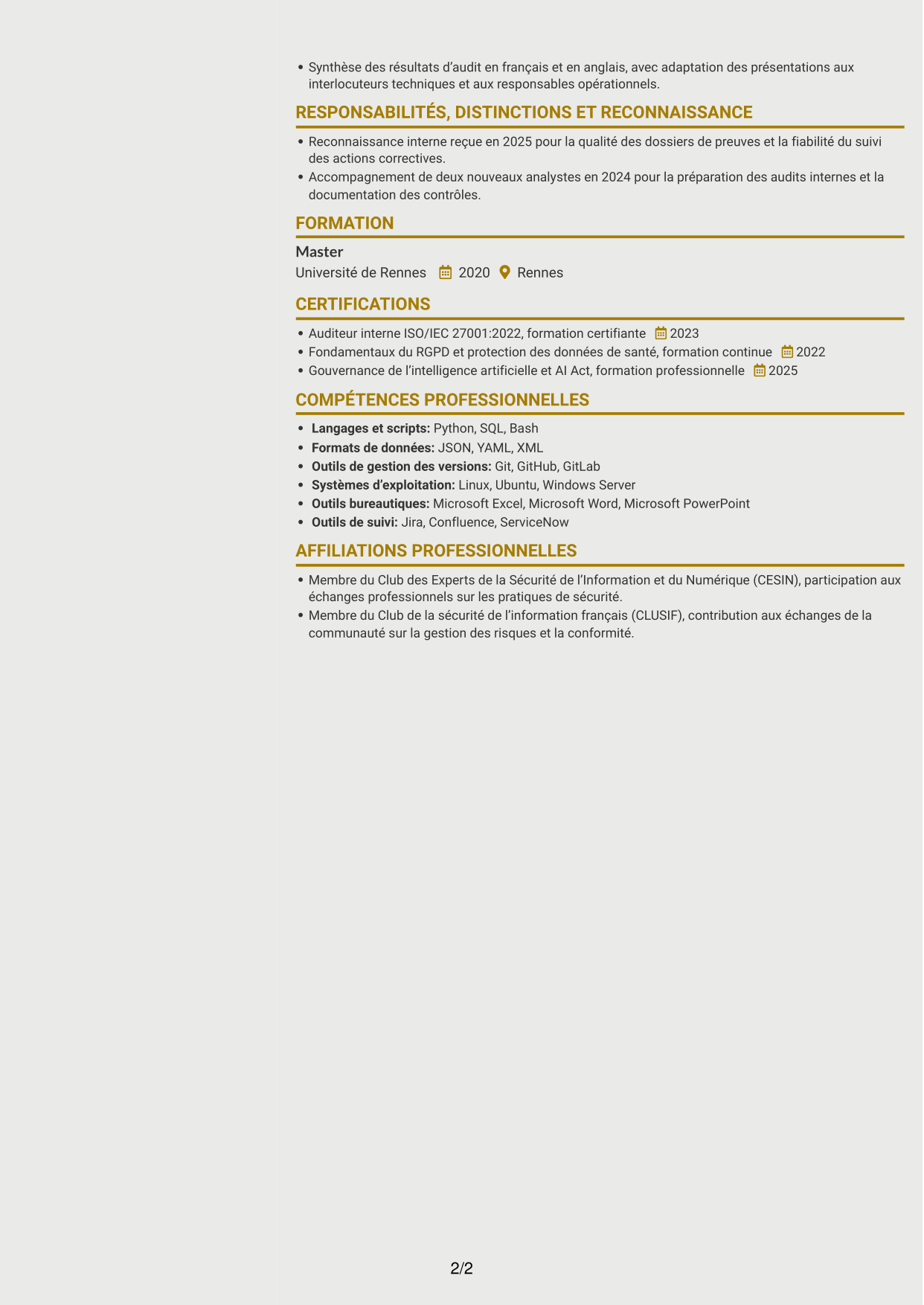 CV Dynamique (format à deux colonnes avec icônes) : Ingénieur sécurité junior - GRC, page 2