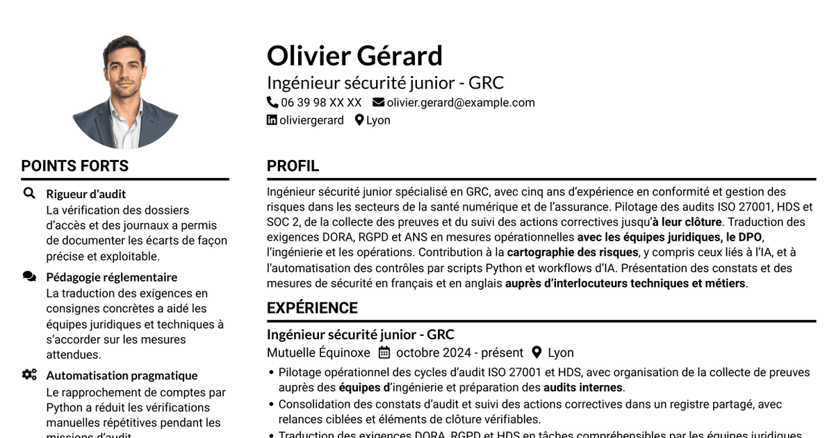 7 modèles de CV pour Ingénieur sécurité junior - GRC, avec exemples