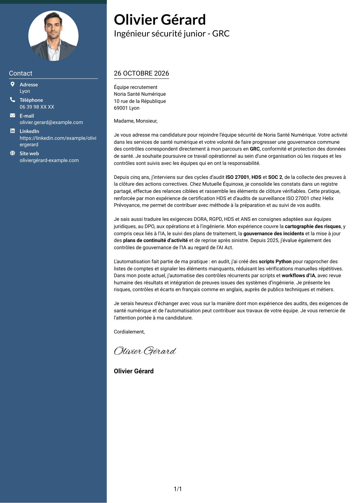 Lettre de motivation Élégant (format à colonne latérale colorée avec photo) : Ingénieur sécurité junior - GRC, page 1