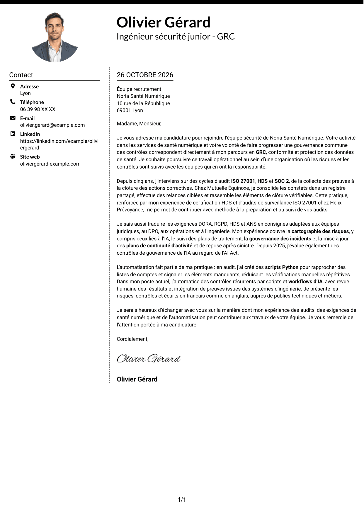 Lettre de motivation Moderne (format à deux colonnes avec photo à gauche et séparateur) : Ingénieur sécurité junior - GRC, page 1