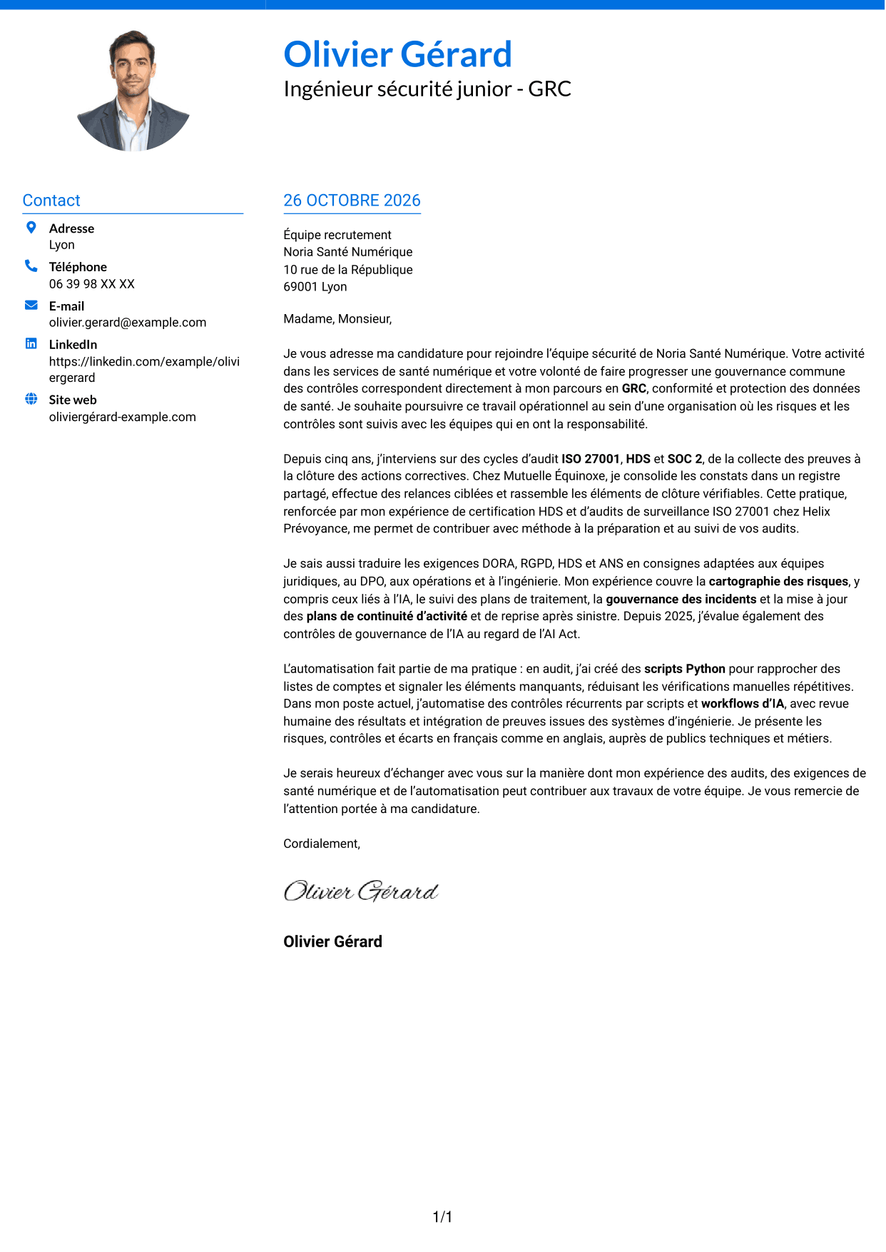Lettre de motivation Audacieux (format à deux colonnes avec accents colorés et photo) : Ingénieur sécurité junior - GRC, page 1