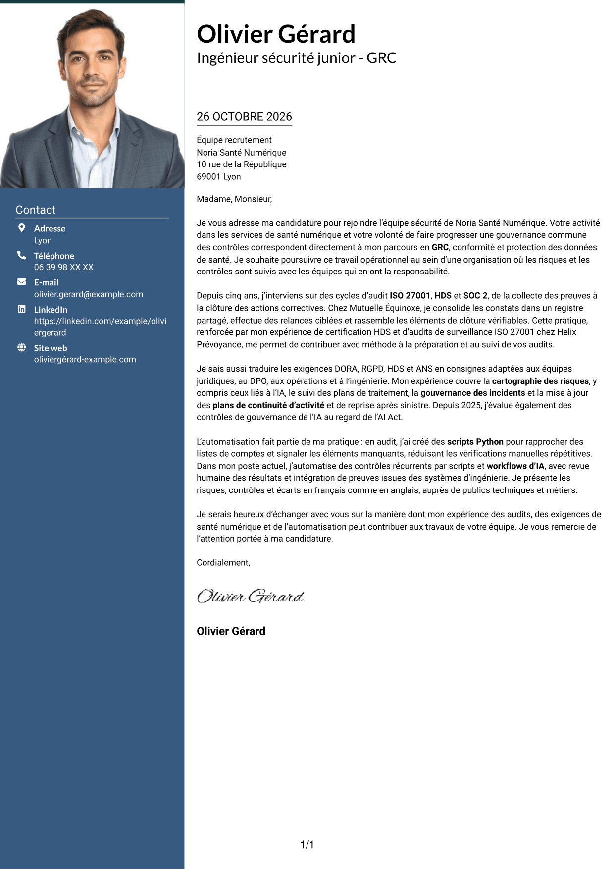 Lettre de motivation Signature (format à colonne latérale colorée avec grande photo) : Ingénieur sécurité junior - GRC, page 1