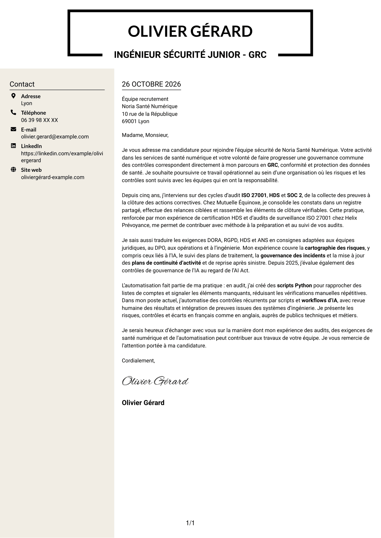 Lettre de motivation Fonceur (format à deux colonnes avec en-tête centré sans photo) : Ingénieur sécurité junior - GRC, page 1