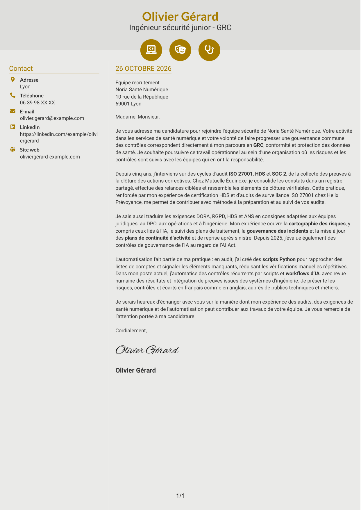 Lettre de motivation Dynamique (format à deux colonnes avec icônes) : Ingénieur sécurité junior - GRC, page 1