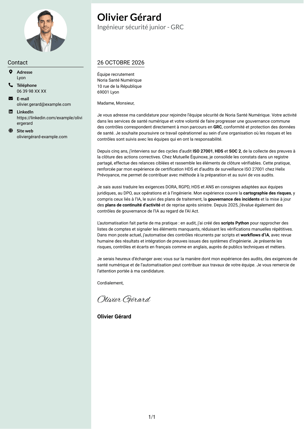 Lettre de motivation Cadre (format à colonne latérale douce avec photo arrondie) : Ingénieur sécurité junior - GRC, page 1