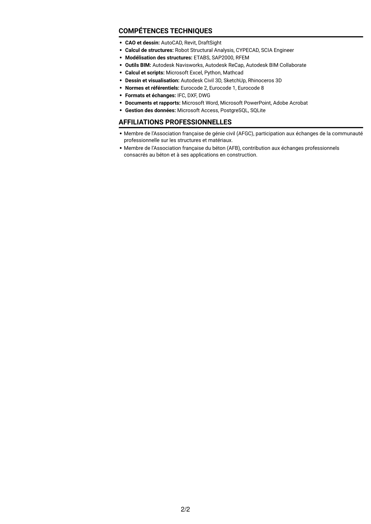 CV Compact (format sobre à deux colonnes avec photo) : Ingénieur structure béton armé, page 2