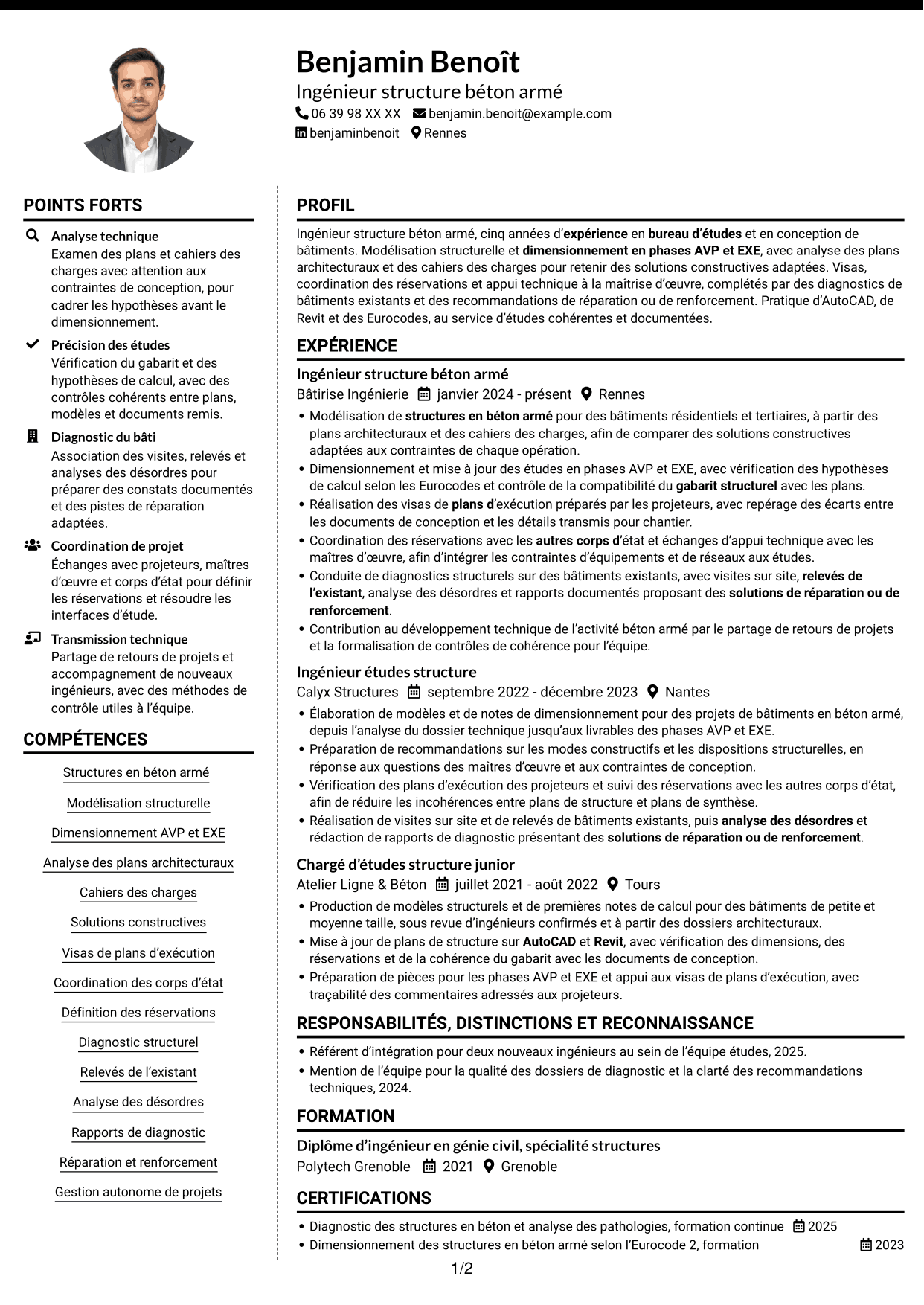 CV Moderne (format à deux colonnes avec photo à gauche et séparateur) : Ingénieur structure béton armé, page 1