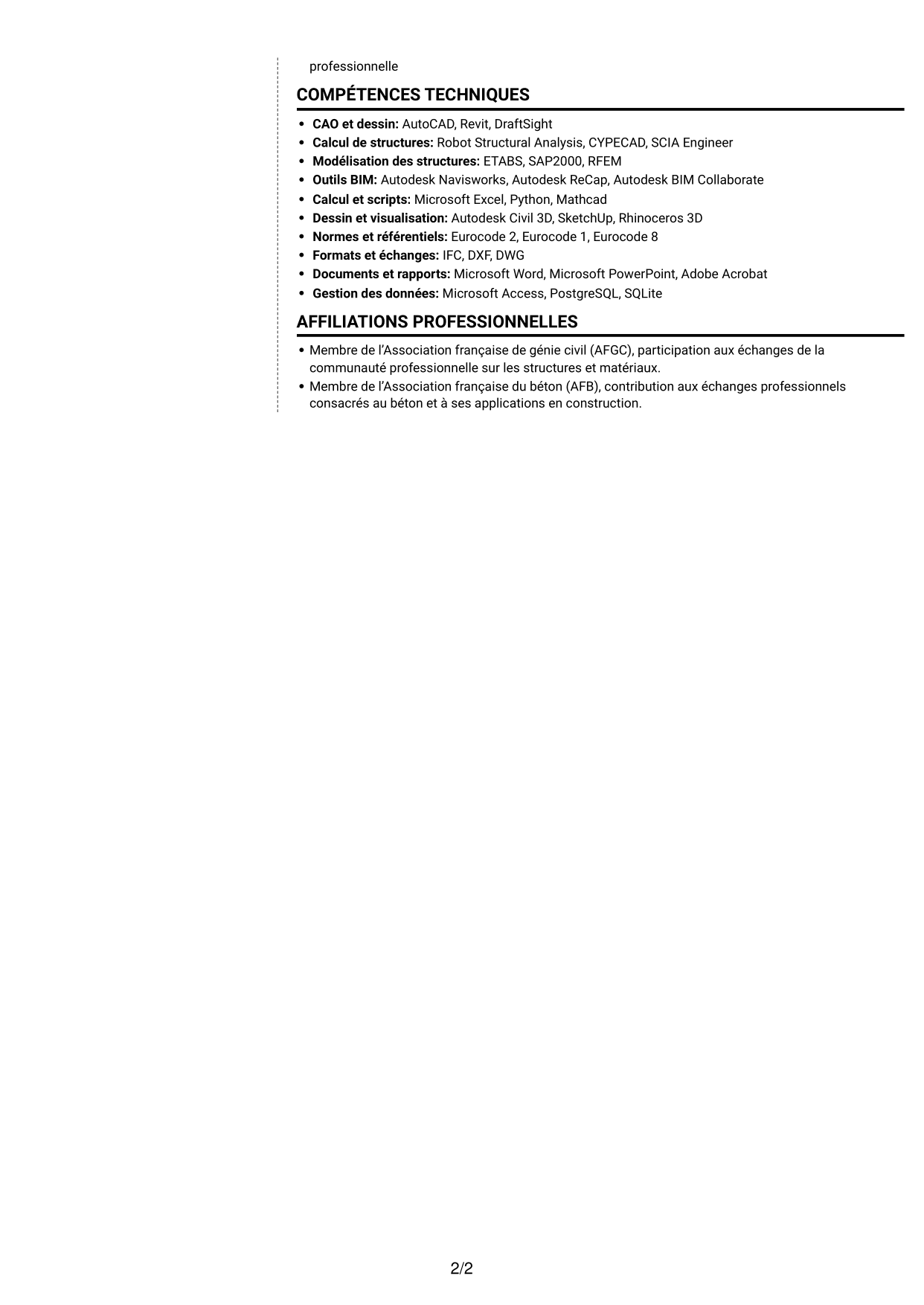 CV Moderne (format à deux colonnes avec photo à gauche et séparateur) : Ingénieur structure béton armé, page 2