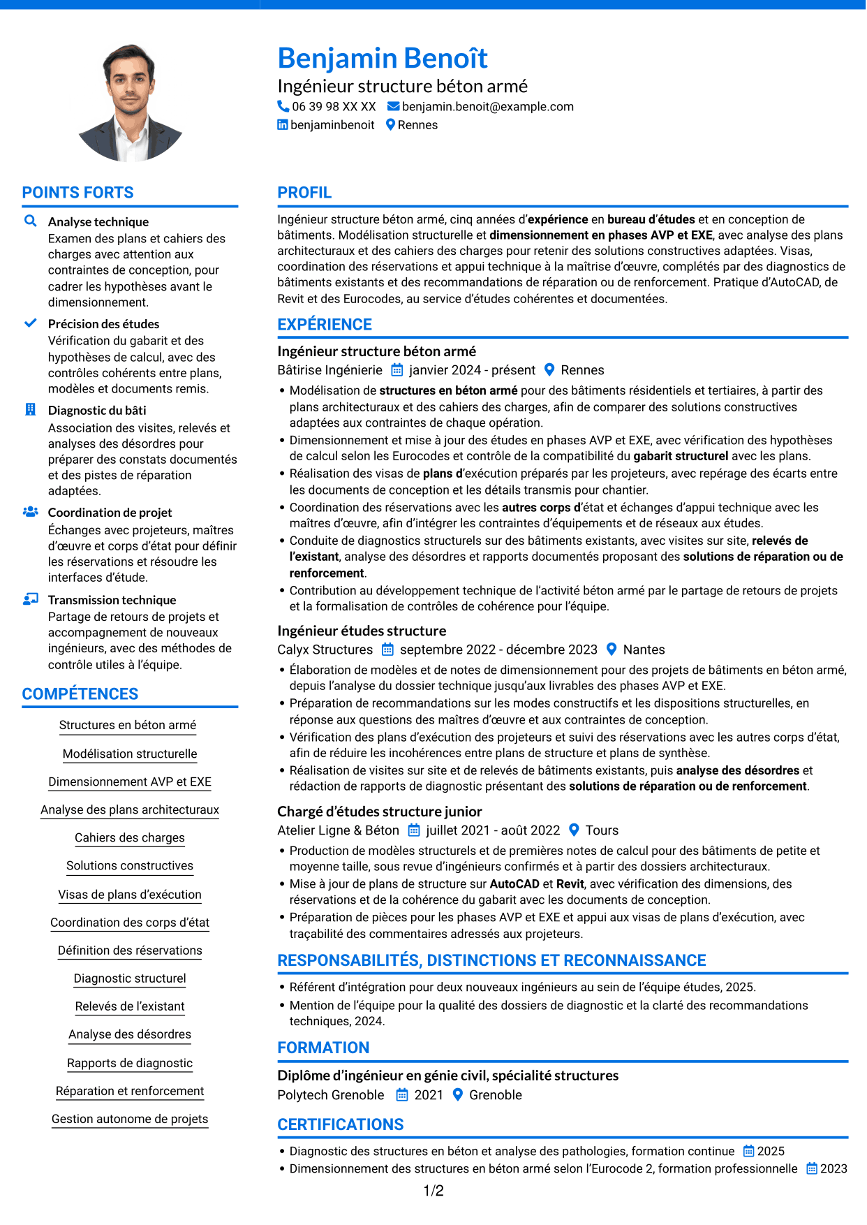 CV Audacieux (format à deux colonnes avec accents colorés et photo) : Ingénieur structure béton armé, page 1