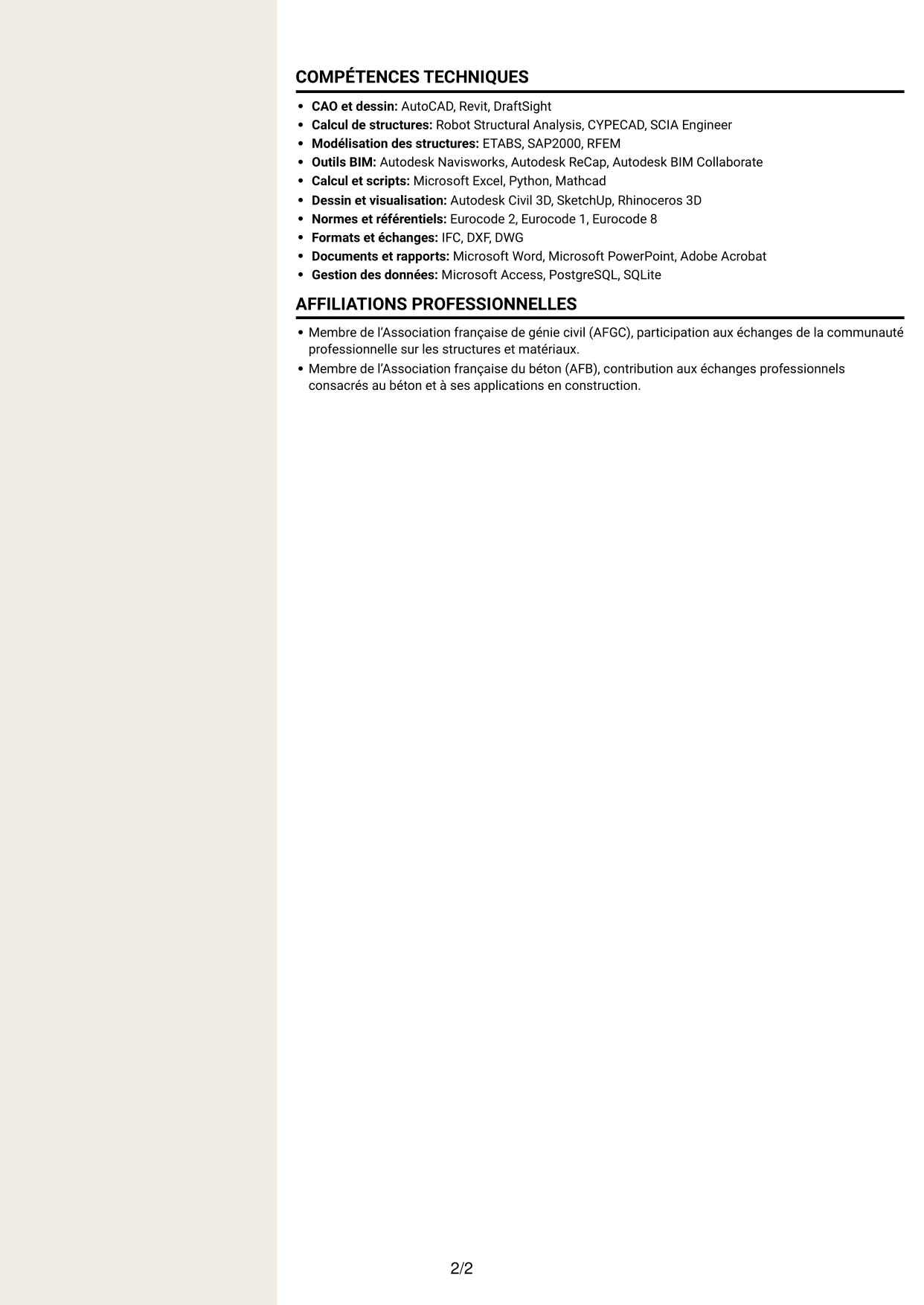 CV Fonceur (format à deux colonnes avec en-tête centré sans photo) : Ingénieur structure béton armé, page 2