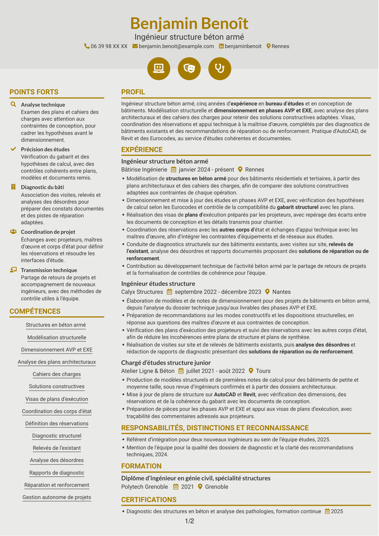 CV Dynamique (format à deux colonnes avec icônes) : Ingénieur structure béton armé, page 1