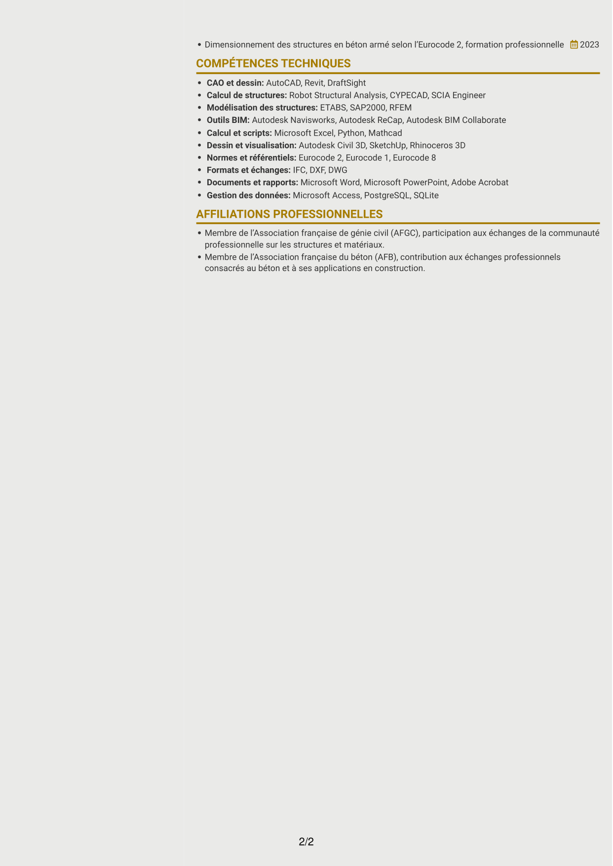 CV Dynamique (format à deux colonnes avec icônes) : Ingénieur structure béton armé, page 2