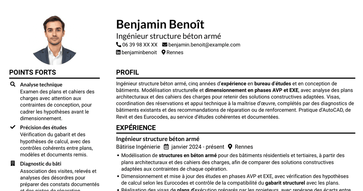 7 modèles de CV pour Ingénieur structure béton armé, avec exemples