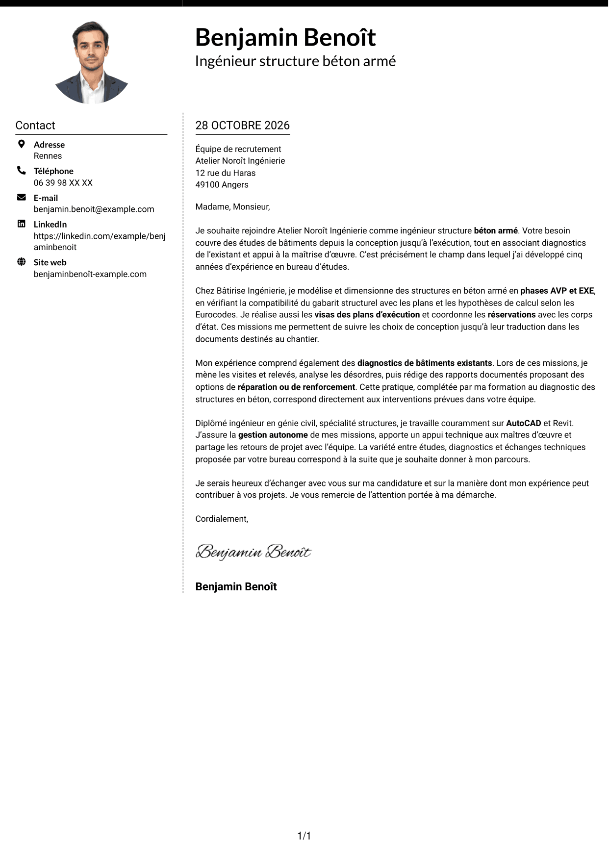 Lettre de motivation Moderne (format à deux colonnes avec photo à gauche et séparateur) : Ingénieur structure béton armé, page 1