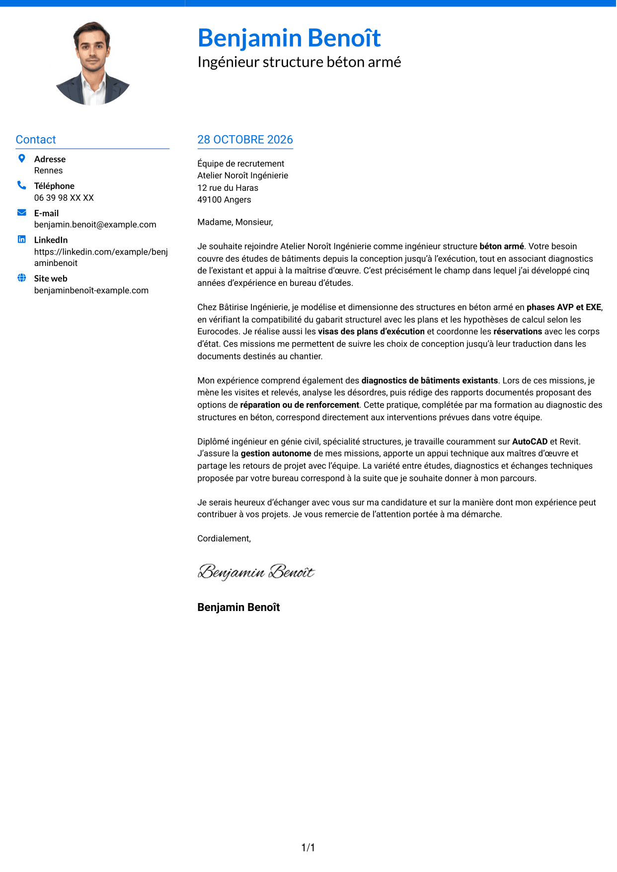 Lettre de motivation Audacieux (format à deux colonnes avec accents colorés et photo) : Ingénieur structure béton armé, page 1