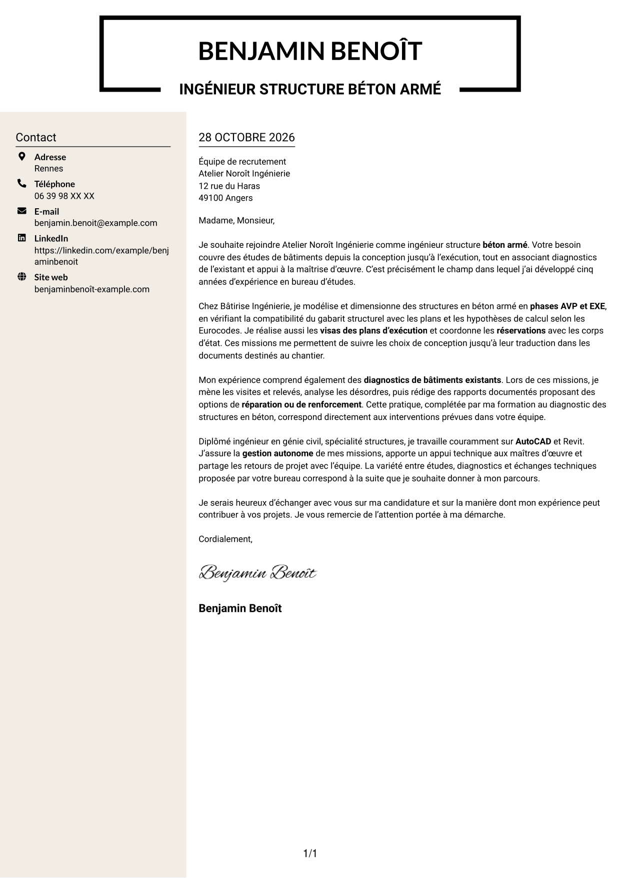 Lettre de motivation Fonceur (format à deux colonnes avec en-tête centré sans photo) : Ingénieur structure béton armé, page 1