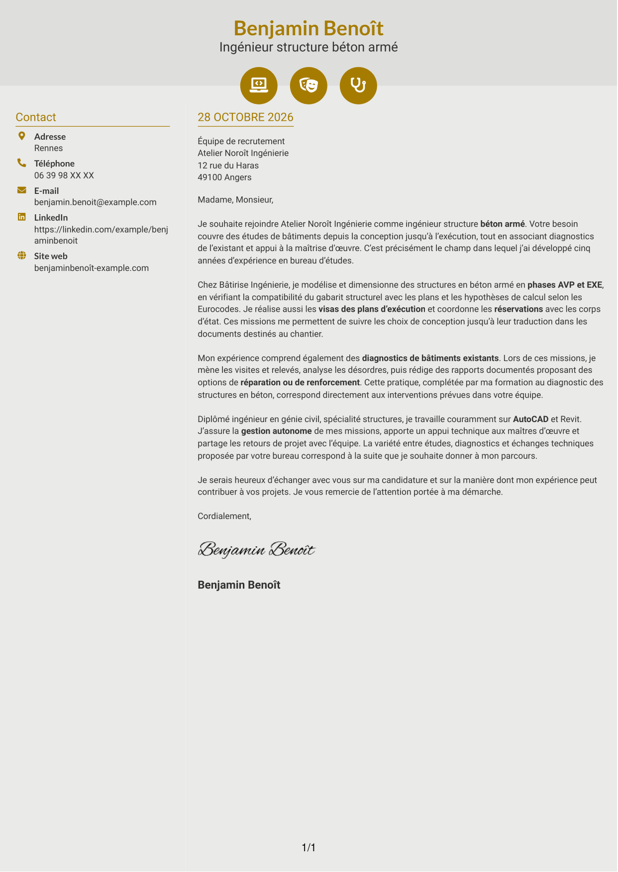Lettre de motivation Dynamique (format à deux colonnes avec icônes) : Ingénieur structure béton armé, page 1