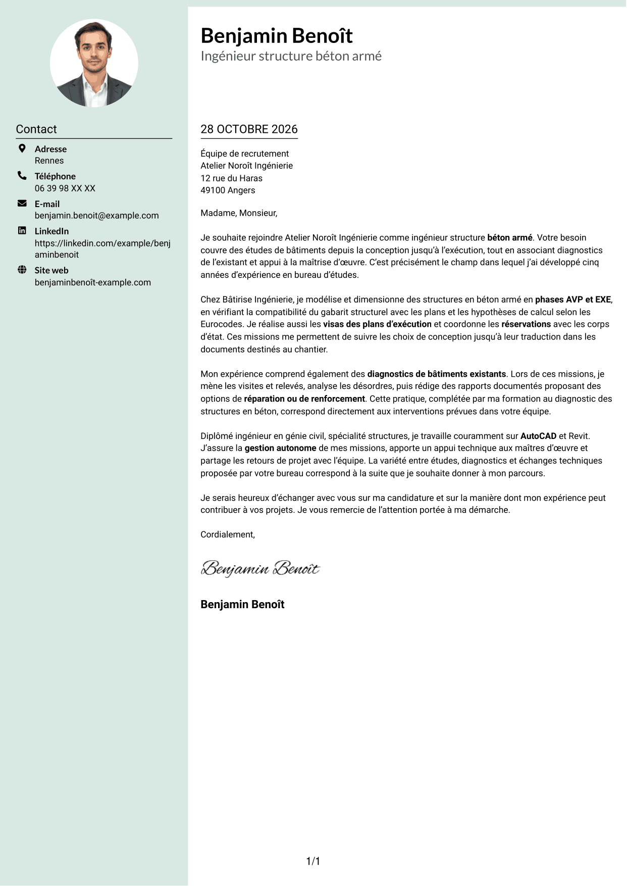 Lettre de motivation Cadre (format à colonne latérale douce avec photo arrondie) : Ingénieur structure béton armé, page 1