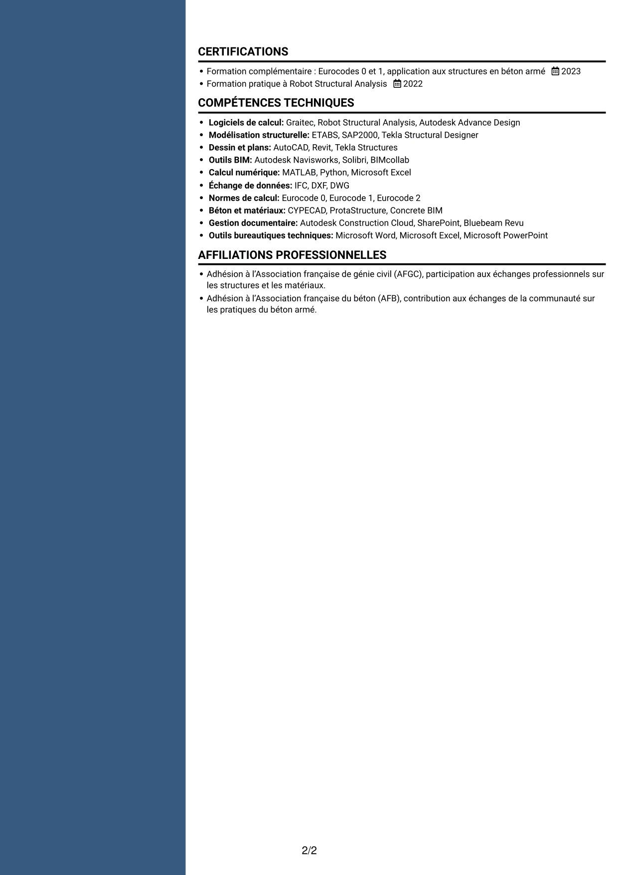 CV Élégant (format à colonne latérale colorée avec photo) : Ingénieur structure béton armé - Études d'exécution, page 2
