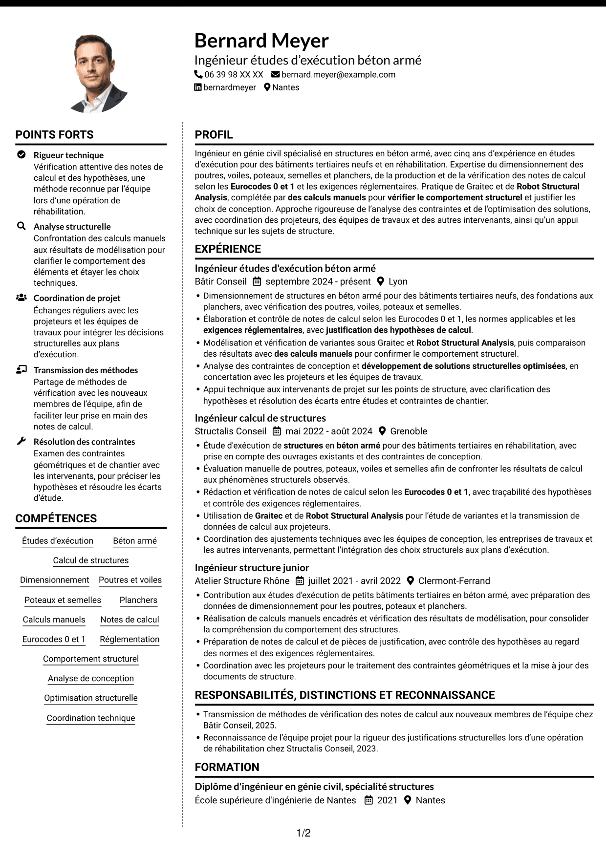 CV Moderne (format à deux colonnes avec photo à gauche et séparateur) : Ingénieur structure béton armé - Études d'exécution, page 1