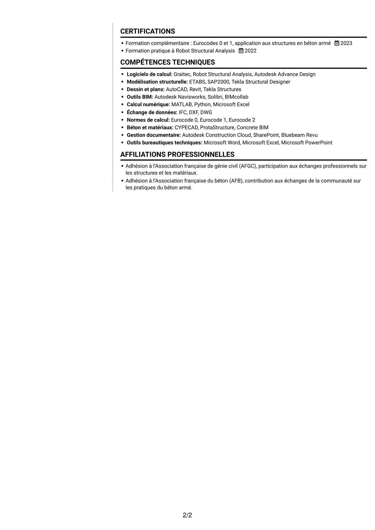 CV Moderne (format à deux colonnes avec photo à gauche et séparateur) : Ingénieur structure béton armé - Études d'exécution, page 2