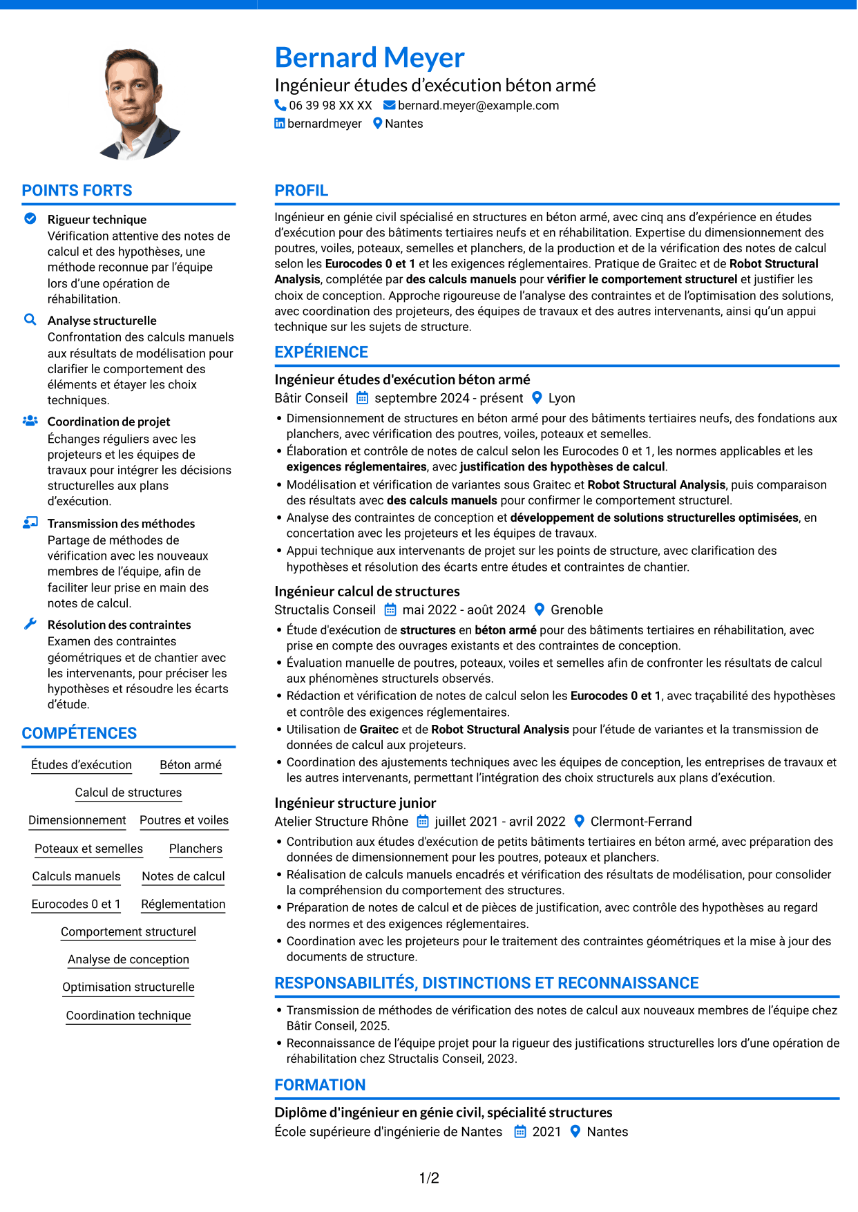 CV Audacieux (format à deux colonnes avec accents colorés et photo) : Ingénieur structure béton armé - Études d'exécution, page 1