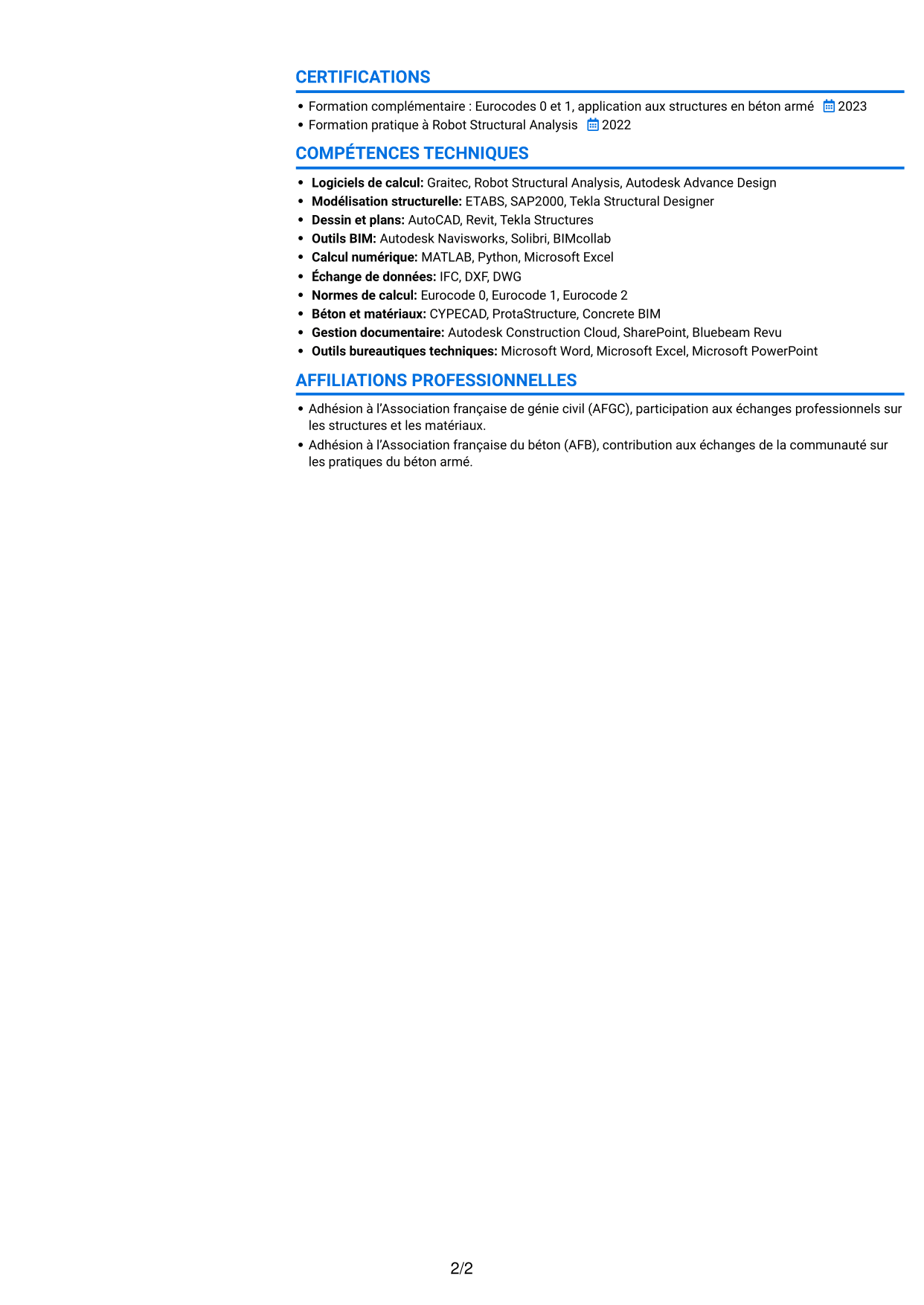 CV Audacieux (format à deux colonnes avec accents colorés et photo) : Ingénieur structure béton armé - Études d'exécution, page 2
