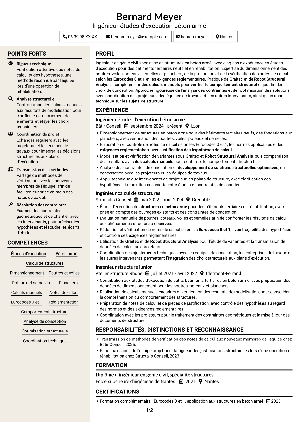 CV Fonceur (format à deux colonnes avec en-tête centré sans photo) : Ingénieur structure béton armé - Études d'exécution, page 1