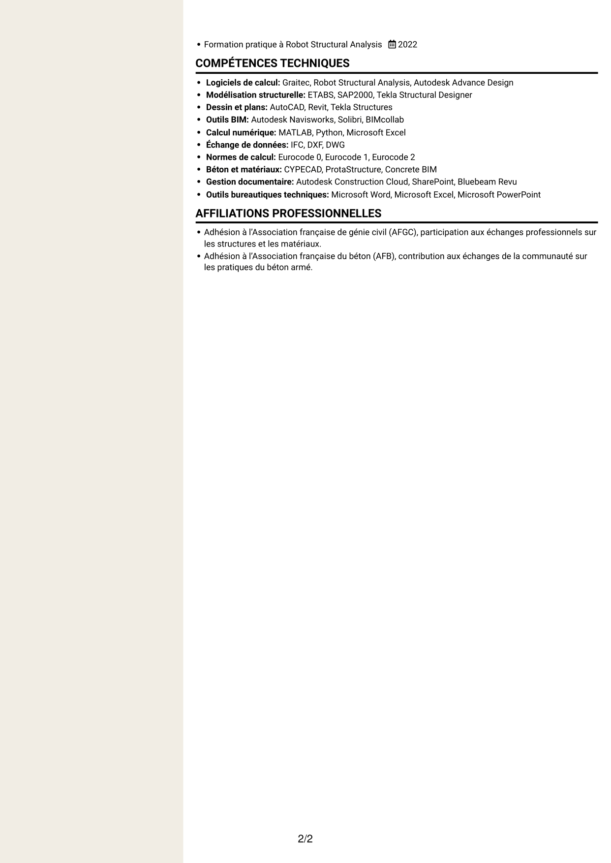 CV Fonceur (format à deux colonnes avec en-tête centré sans photo) : Ingénieur structure béton armé - Études d'exécution, page 2