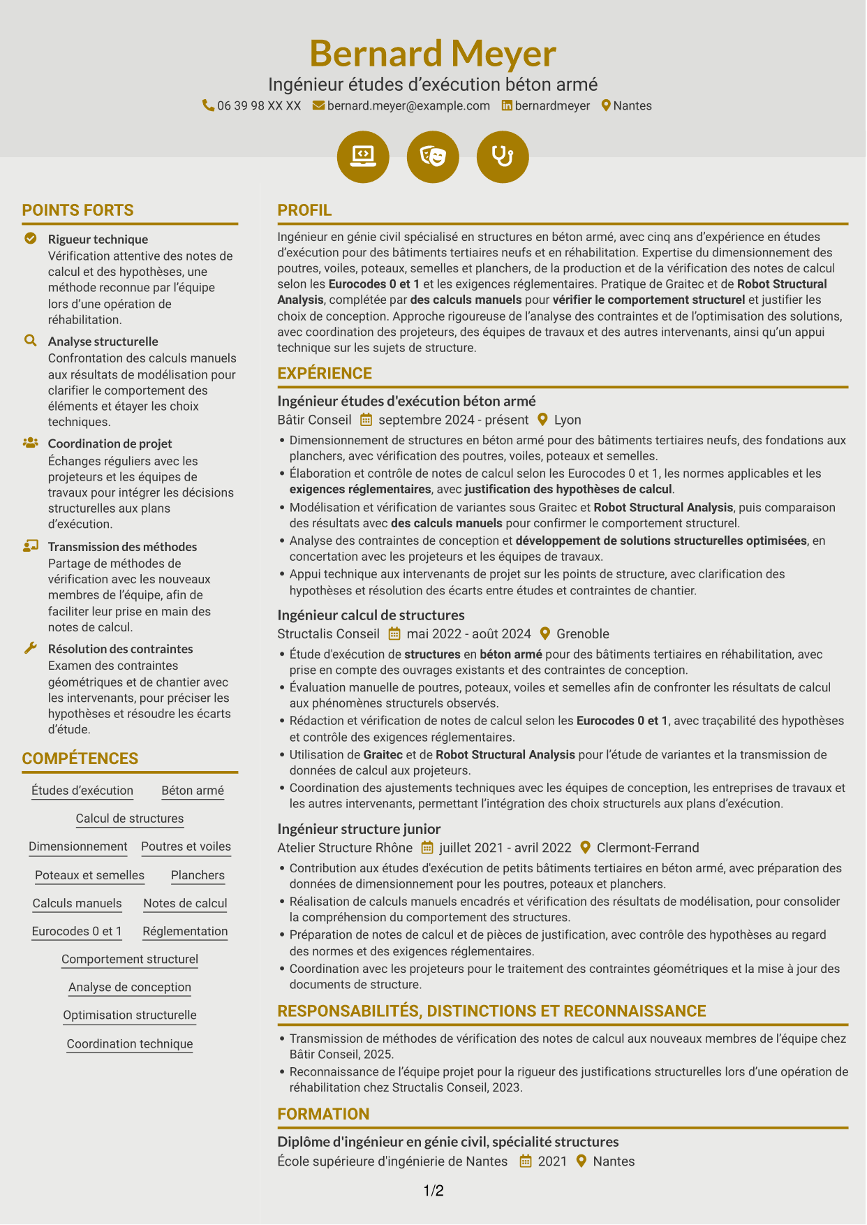 CV Dynamique (format à deux colonnes avec icônes) : Ingénieur structure béton armé - Études d'exécution, page 1