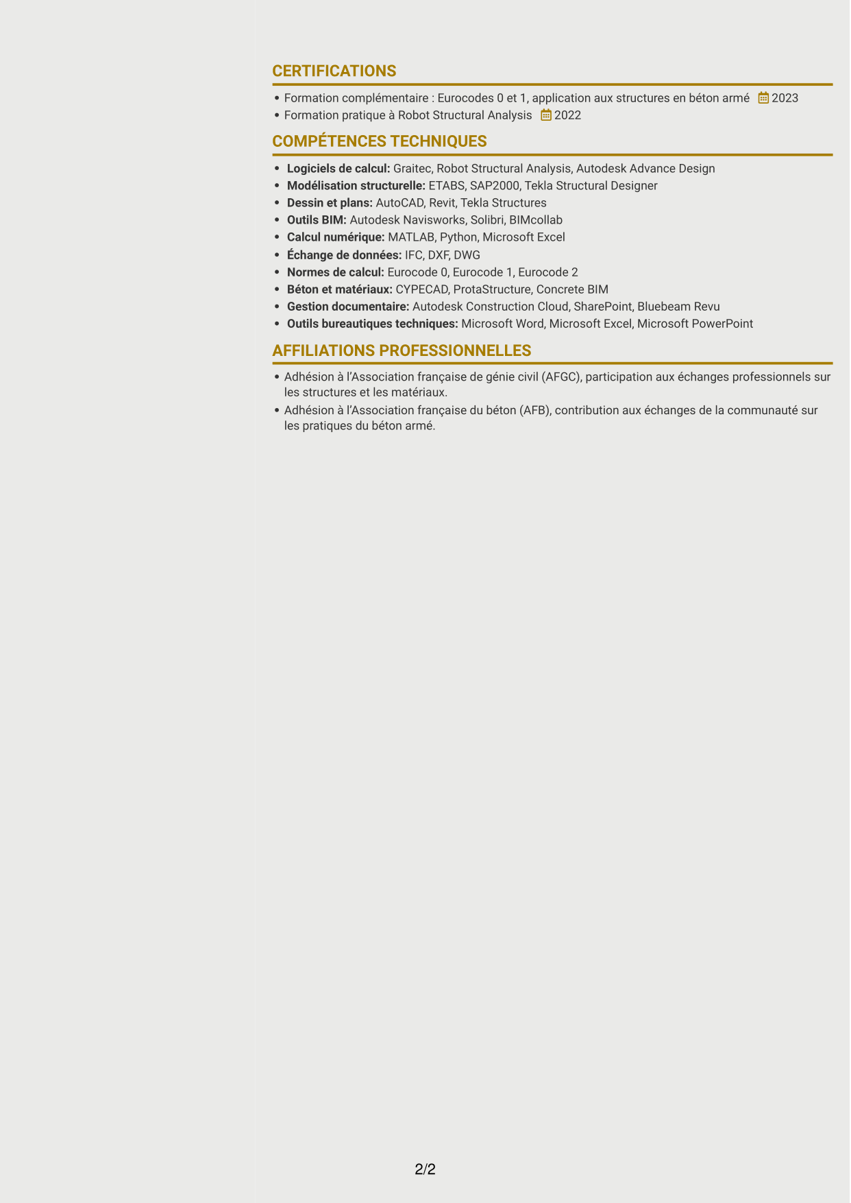 CV Dynamique (format à deux colonnes avec icônes) : Ingénieur structure béton armé - Études d'exécution, page 2