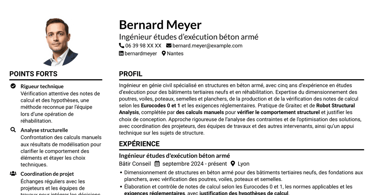 7 modèles de CV pour Ingénieur structure béton armé - Études d'exécution, avec exemples