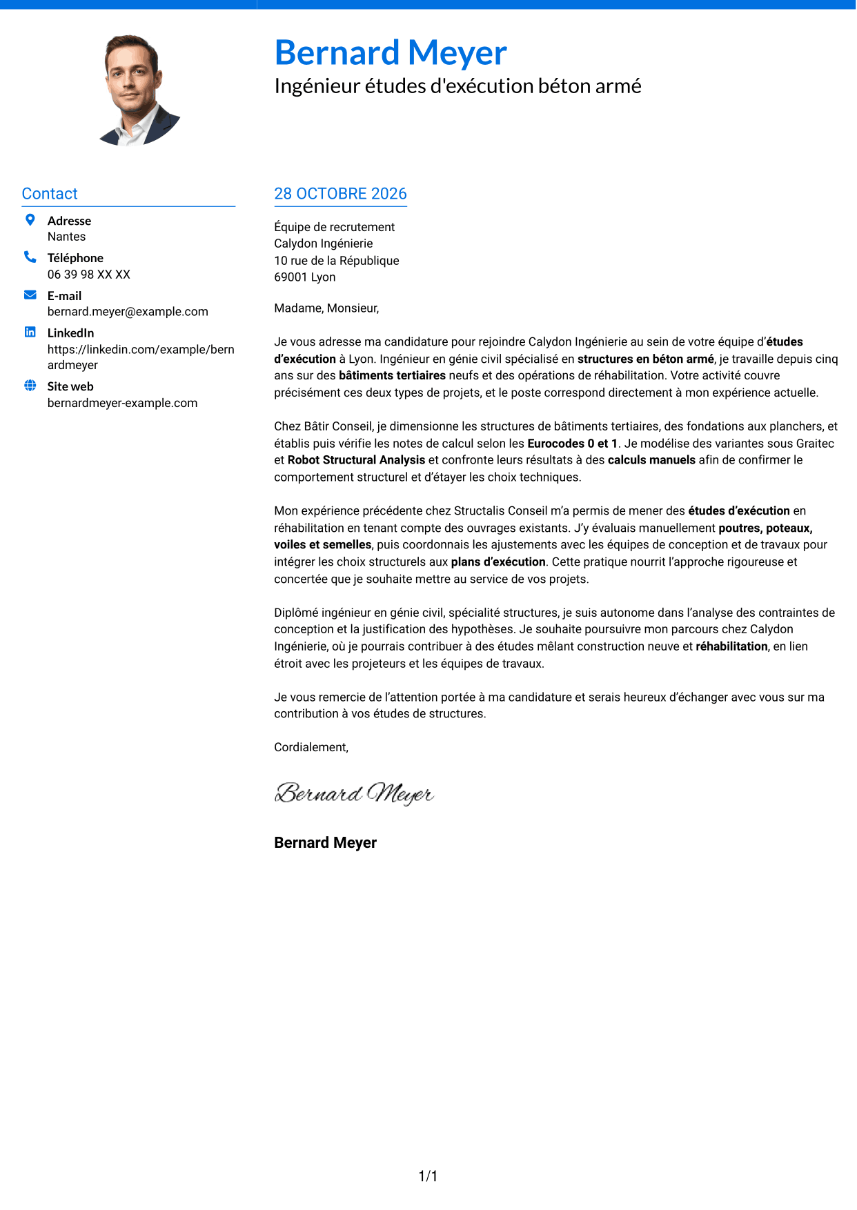 Lettre de motivation Audacieux (format à deux colonnes avec accents colorés et photo) : Ingénieur structure béton armé - Études d'exécution, page 1