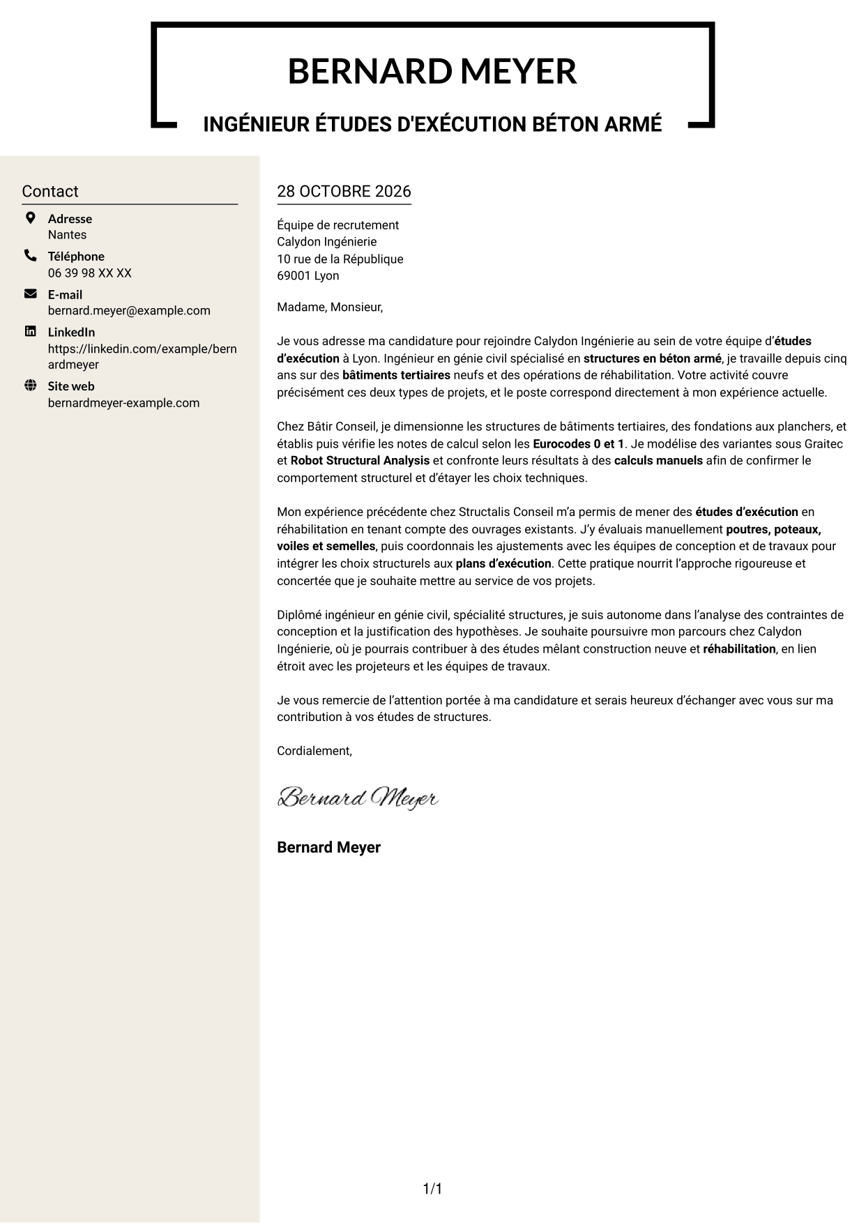 Lettre de motivation Fonceur (format à deux colonnes avec en-tête centré sans photo) : Ingénieur structure béton armé - Études d'exécution, page 1
