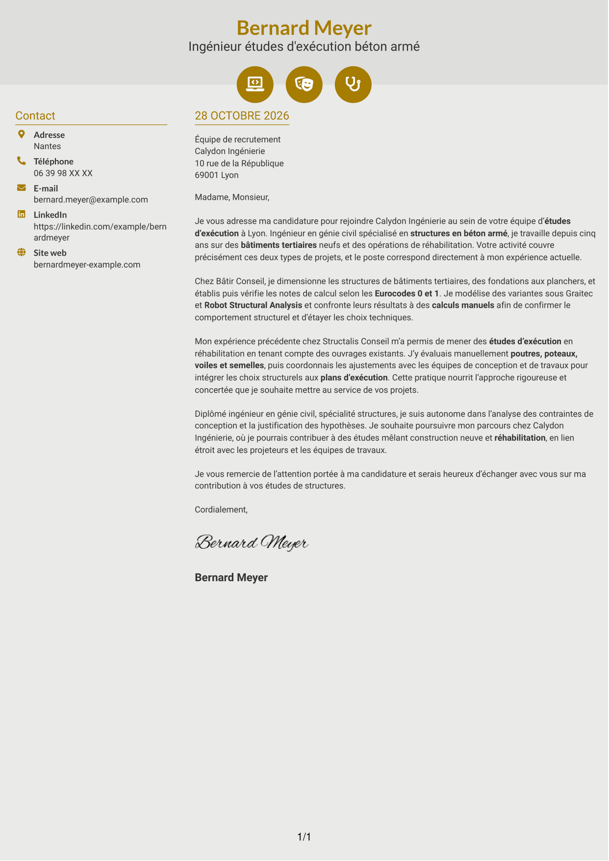 Lettre de motivation Dynamique (format à deux colonnes avec icônes) : Ingénieur structure béton armé - Études d'exécution, page 1