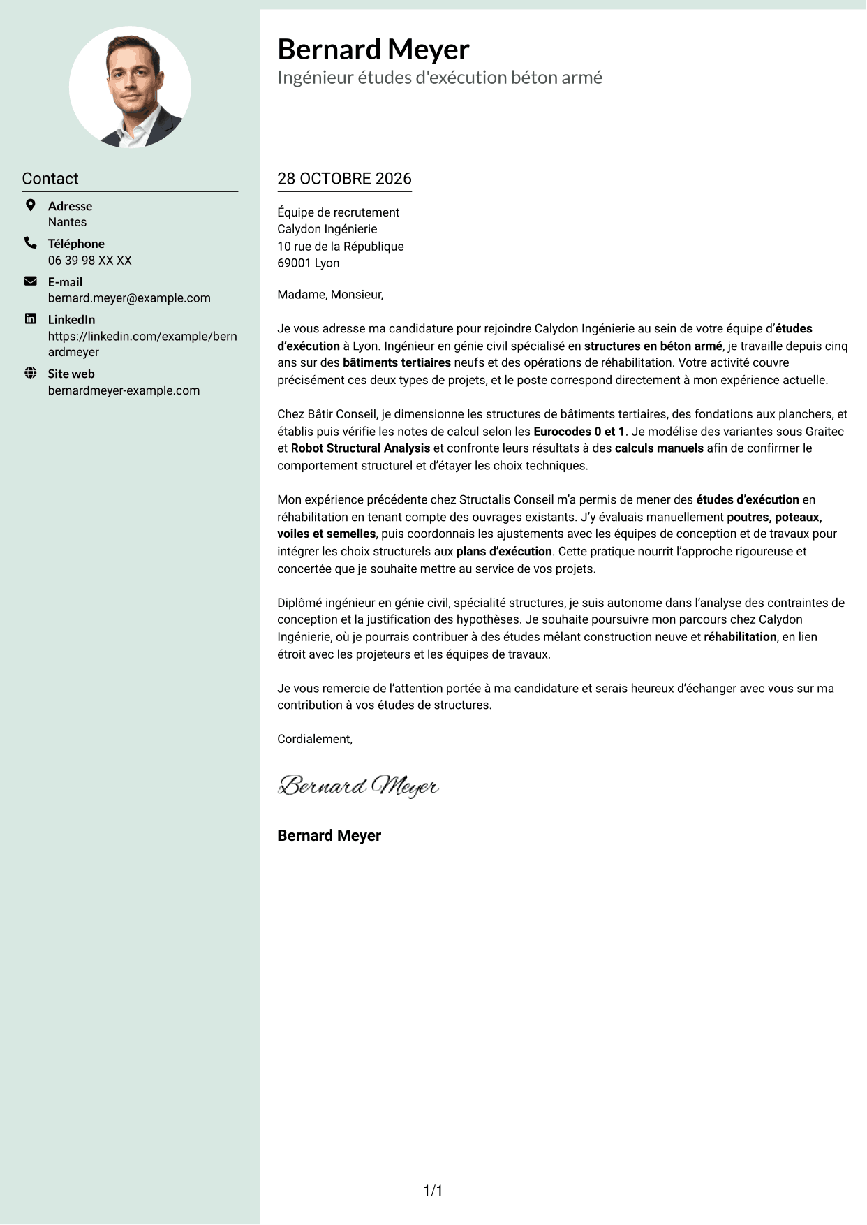 Lettre de motivation Cadre (format à colonne latérale douce avec photo arrondie) : Ingénieur structure béton armé - Études d'exécution, page 1