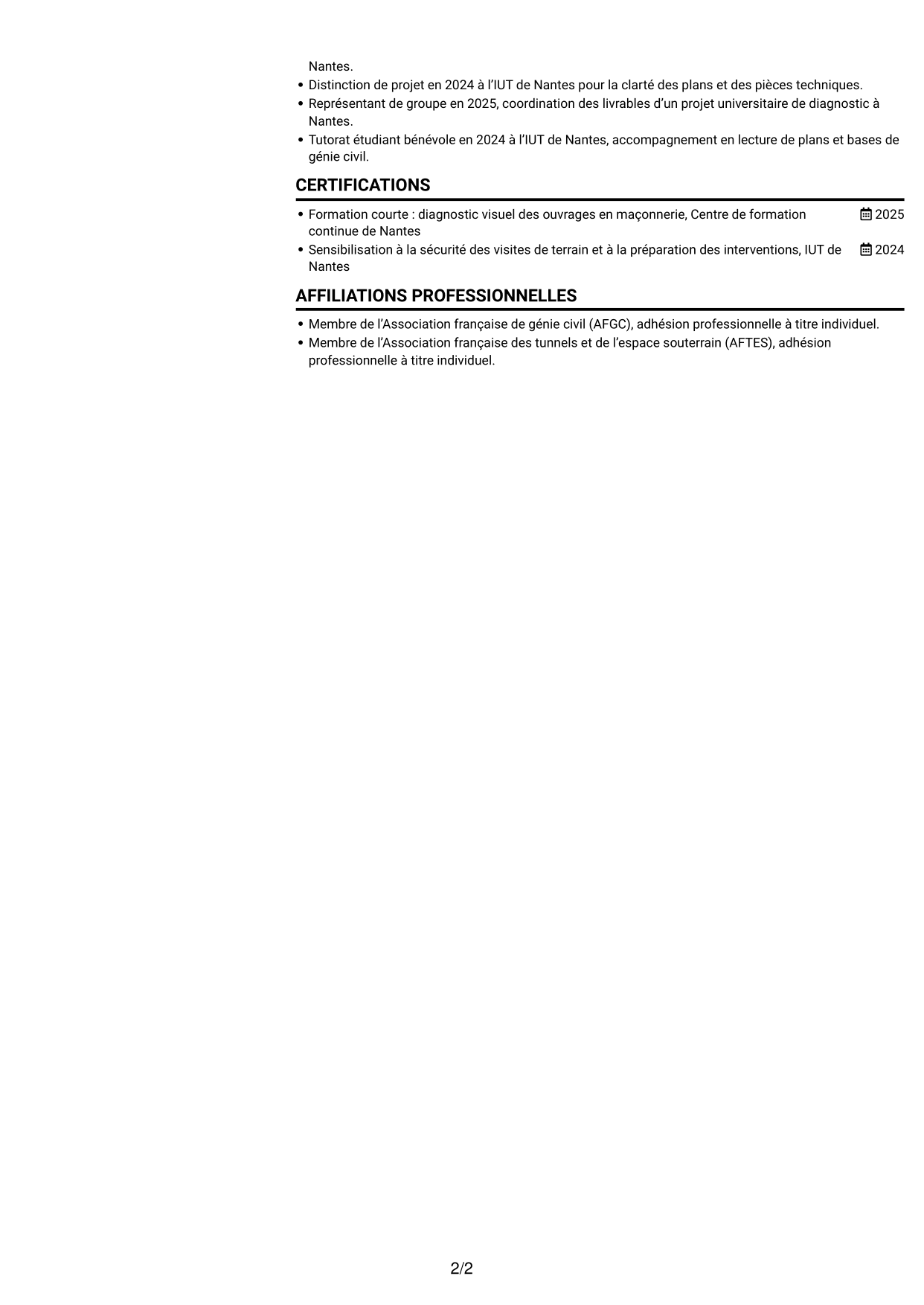 CV Compact (format sobre à deux colonnes avec photo) : Ingénieur structure - Ouvrages d’art, page 2