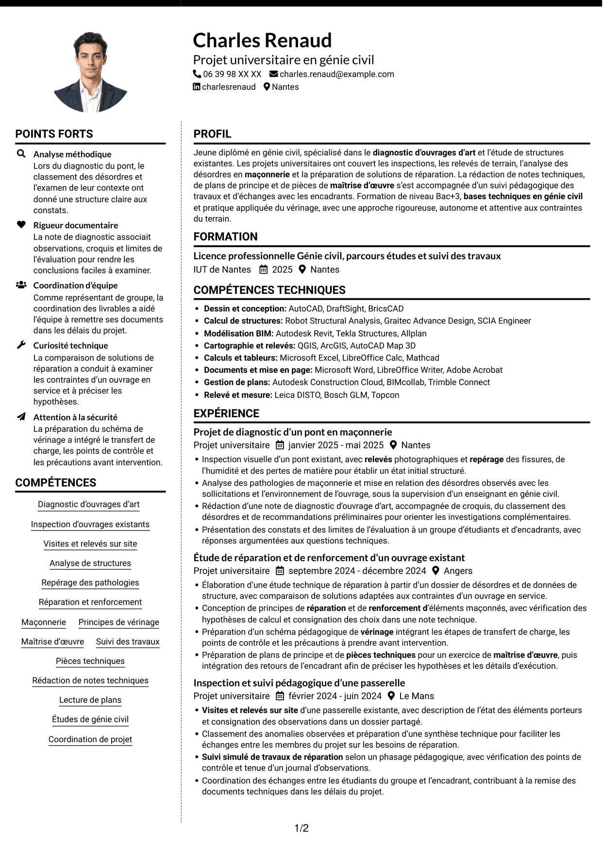 CV Moderne (format à deux colonnes avec photo à gauche et séparateur) : Ingénieur structure - Ouvrages d’art, page 1
