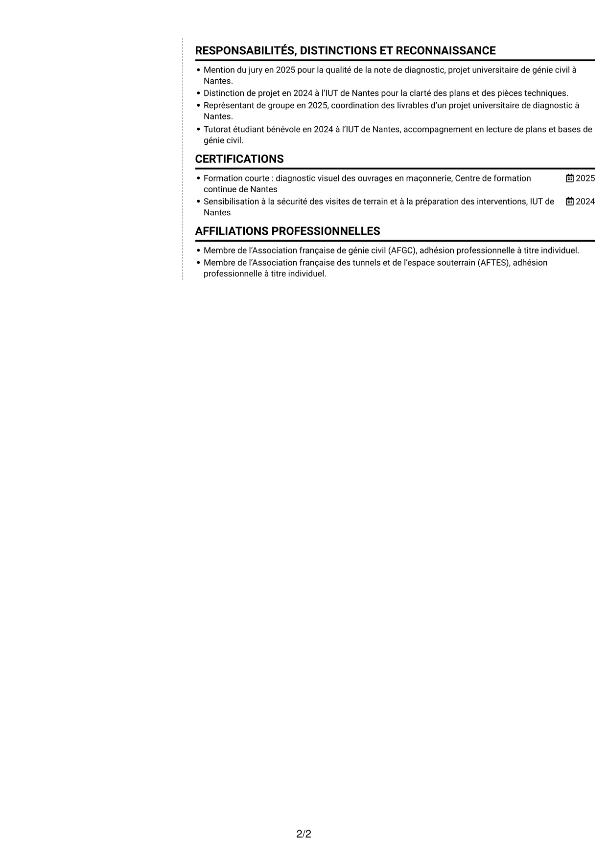 CV Moderne (format à deux colonnes avec photo à gauche et séparateur) : Ingénieur structure - Ouvrages d’art, page 2
