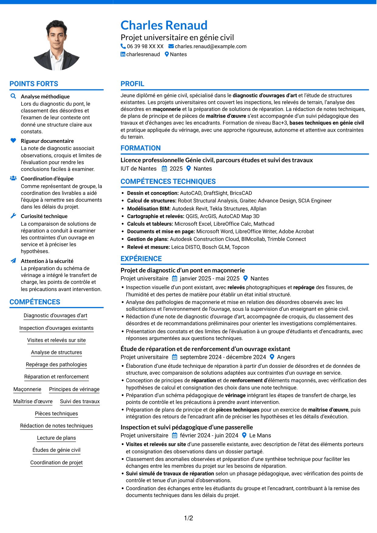 CV Audacieux (format à deux colonnes avec accents colorés et photo) : Ingénieur structure - Ouvrages d’art, page 1