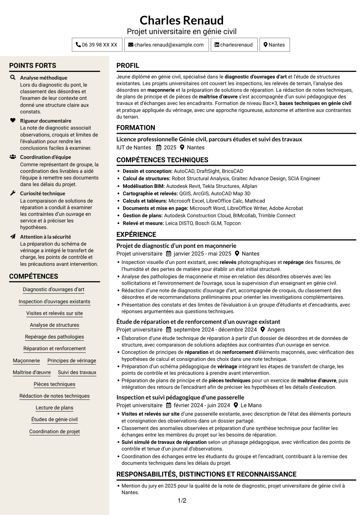 CV Fonceur (format à deux colonnes avec en-tête centré sans photo) : Ingénieur structure - Ouvrages d’art, page 1
