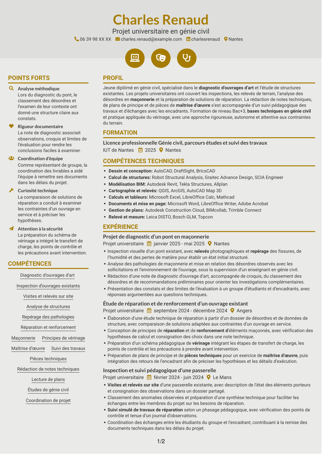 CV Dynamique (format à deux colonnes avec icônes) : Ingénieur structure - Ouvrages d’art, page 1