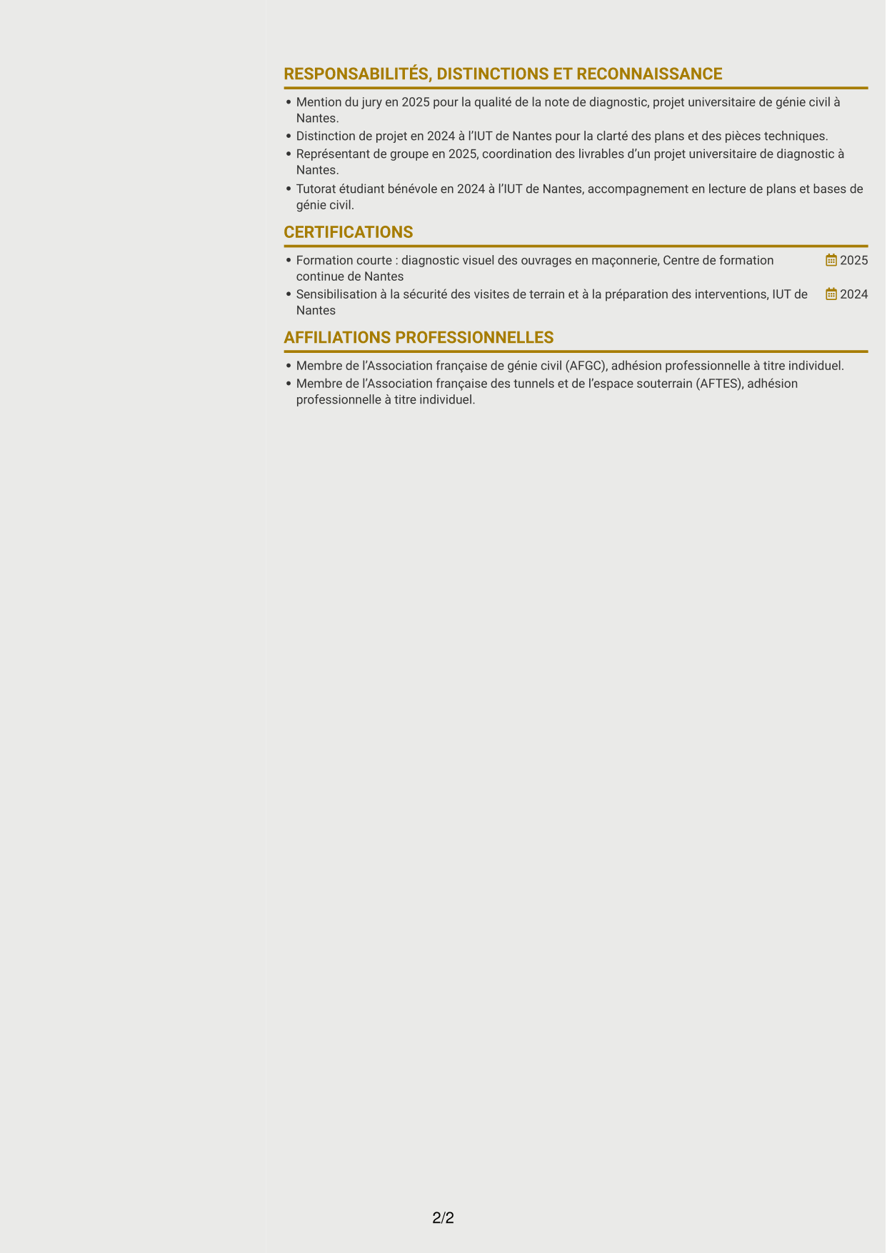 CV Dynamique (format à deux colonnes avec icônes) : Ingénieur structure - Ouvrages d’art, page 2