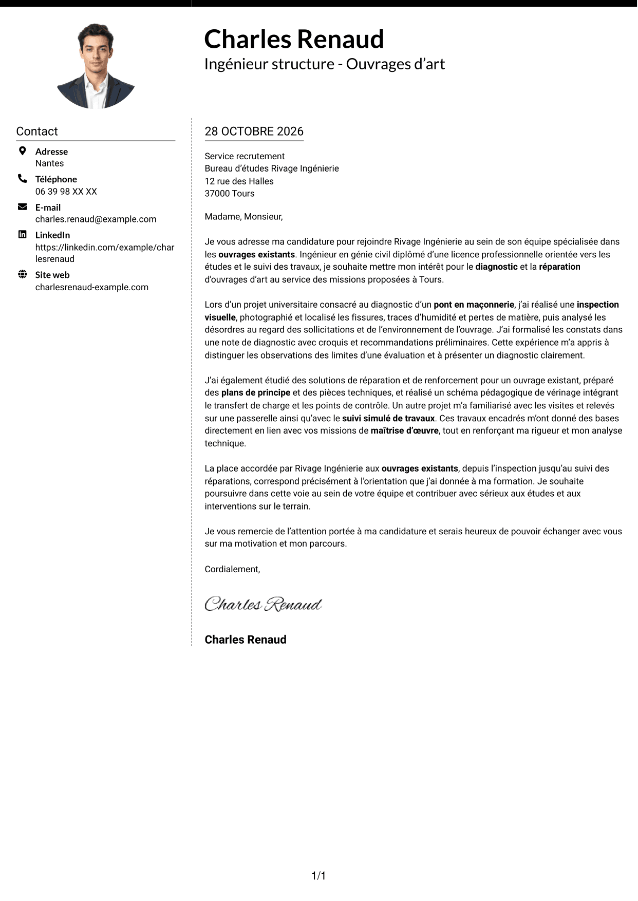 Lettre de motivation Moderne (format à deux colonnes avec photo à gauche et séparateur) : Ingénieur structure - Ouvrages d’art, page 1
