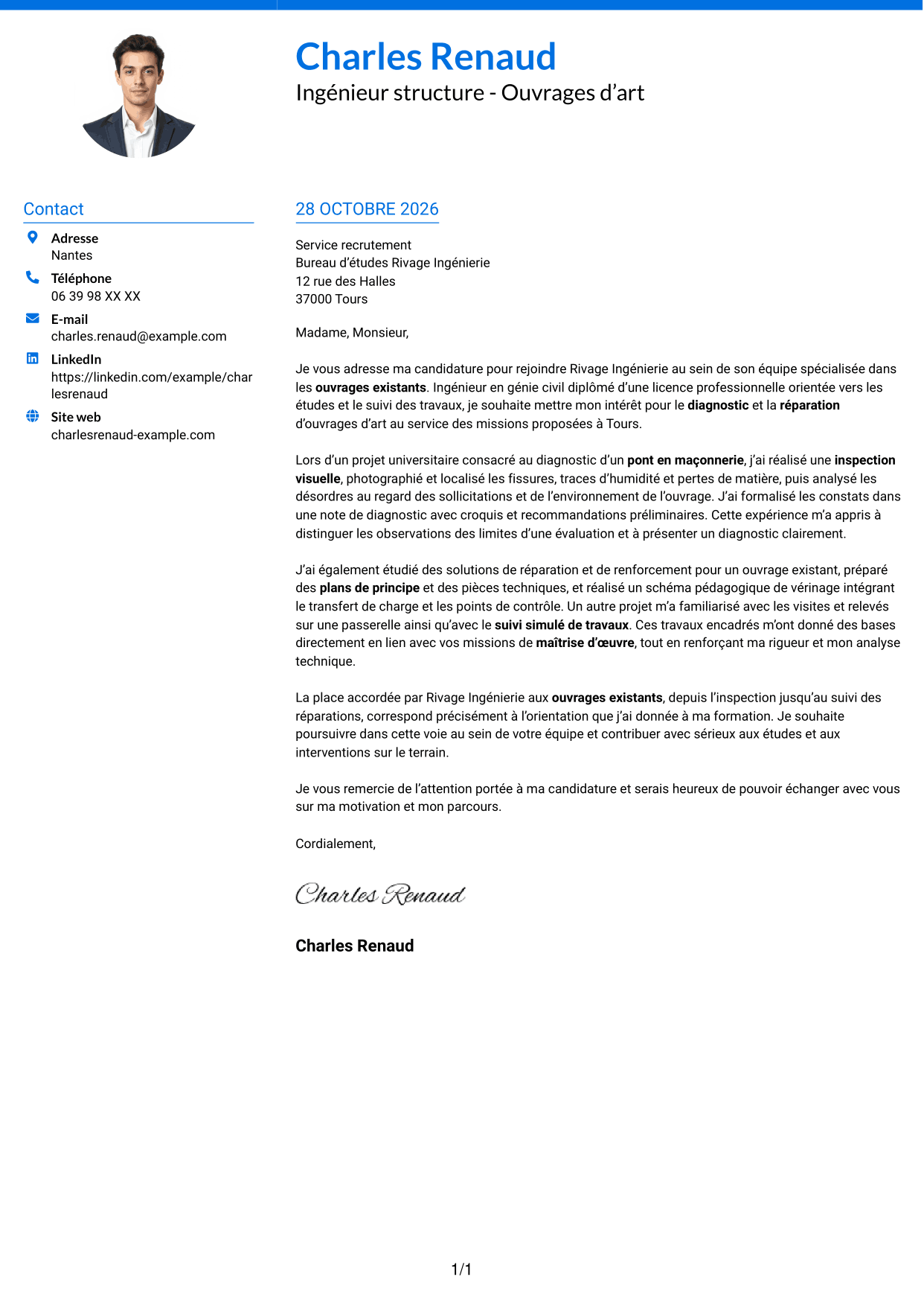 Lettre de motivation Audacieux (format à deux colonnes avec accents colorés et photo) : Ingénieur structure - Ouvrages d’art, page 1