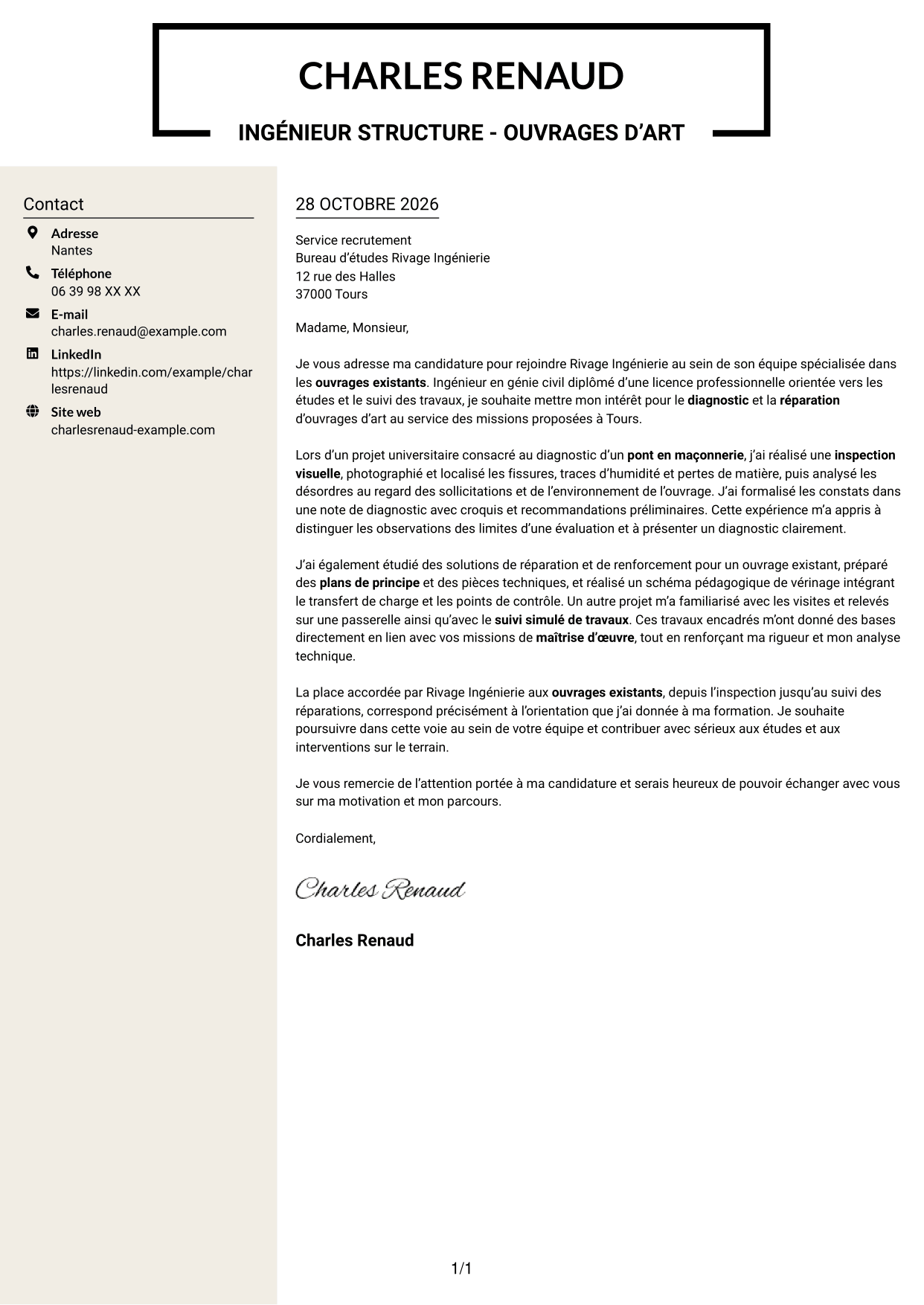 Lettre de motivation Fonceur (format à deux colonnes avec en-tête centré sans photo) : Ingénieur structure - Ouvrages d’art, page 1